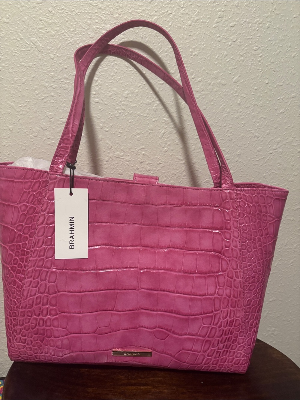 Brahmin Hot Pink Croc-Embossed Tote